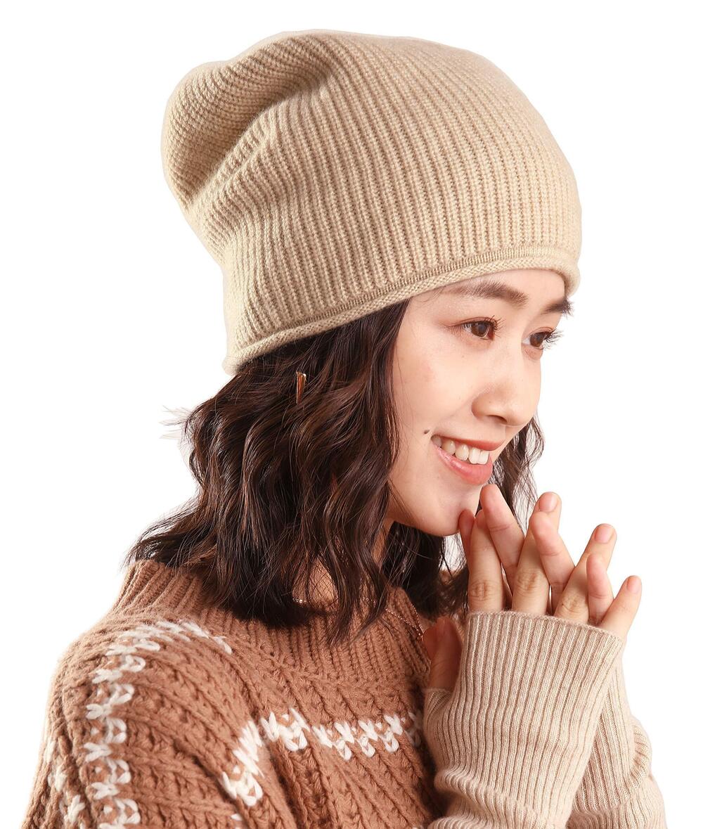 5198 100% Pure Cashmere Slouchy Beanie Knit Caps Brioche Knit LiteCamel